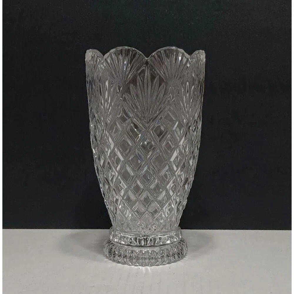 Vintage Imperial Crystal Slovakia Diamond Cut Vase, Heavy Lead Crystal Scalloped